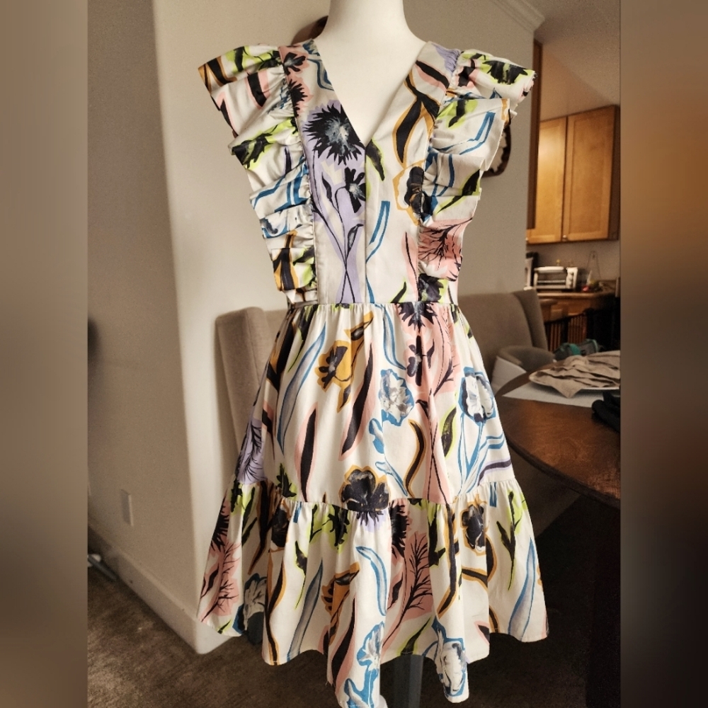 Designer Cotton Ruffle Summer Mini Dress Colorful Girly Corey Lynn Calter Medium